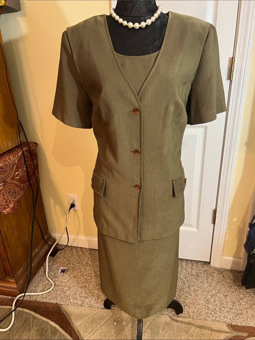 Olive Green Women's Midi Suit Dress - Classic V-Neck dress